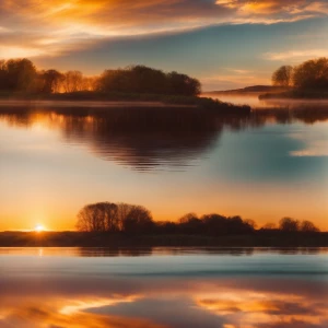 Shot: A wide shot of the lake at sunset, capturing the golden gl...