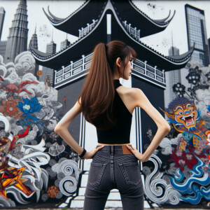 Attractive, Asian teenage girl, long brown hair and bangs, wearing tight skinny jeans and a halter top paint marks on her clothing, backside view heroic pose Asian graffiti