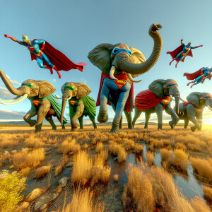 Elephants wearing superhero costumes and doing superhero things,...