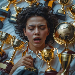 A person surrounded by trophies but with a hollow face — success...
