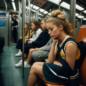 Variation 1 (Seed 101):** "A close-up shot of a tired cheerleade...