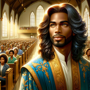 Illustrate an inspiring African-American Jesus crust with a dign...