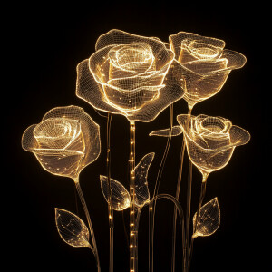 Metal whimsical roses with engraved lines or designs, illuminate...