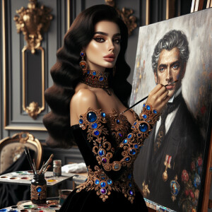 In a high-class, elegantly decorated studio, a very light-skinne...