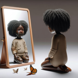 Create a 3-D realistic, adult african-American, female 
Did curly black hair, dark skin, looking at herself in a mirror, but the child that she sees in the reflection is dirty and crying and has scars, and there is a fallen butterfly