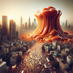 Generate an image depicting a colossal wave of orange pudding overwhelming a metropolitan skyline, submerging skyscrapers and urban thoroughfares.