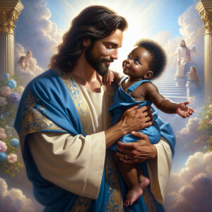 Classical oil painting style depicting an African-American Jesus...