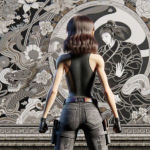 Athletic Thin skinny Attractive, Asian teenage girl, long brown hair and bangs, wearing tight skinny jeans and a halter top paint marks on her clothing, heroic pose Asian graffiti background, backside view