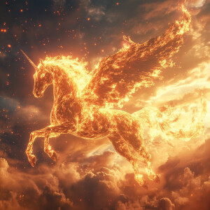 Create a vivid scene featuring a Fire Pegasus or a unicorn, surr...
