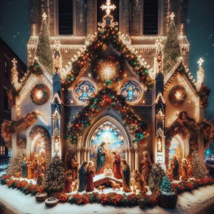 A festively decorated church adorned with twinkling Christmas li...
