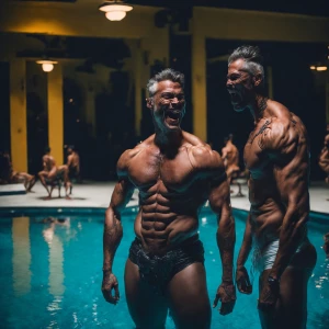 Vibrant All-Men Pool Party Scene: Capture a high-energy pool par...