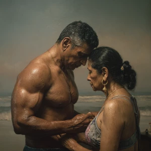 hyperRealism photo painting.a muscular sweaty indian employer ma...