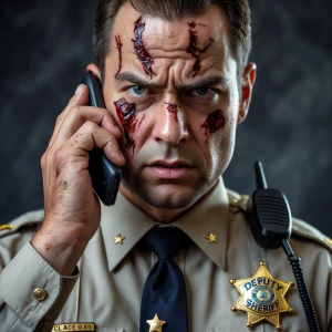 A deputy sheriff displaying bruises and cuts, with a furrowed br...