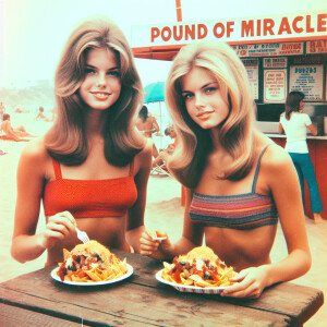 Create a grainy faded color film photograph from 1971 of two gor...