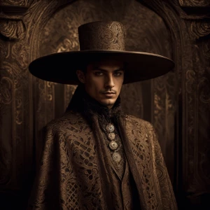 A mysteriously alluring warlock, his dark eyes piercing through...