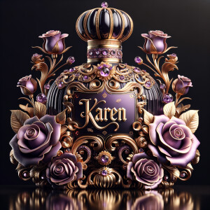 Craft an image of an ornate perfume bottle, with a luxurious design featuring purple roses and intricate gold detailing. At the center of the bottle, include an elegant, raised gold script that spells out the name 'Karen'. The bottle should exude opulence with a jeweled crown-like cap and a background that suggests sumptuousness and sophistication. The script should be harmonious with the lavish design, standing out against the purple and gold palette.