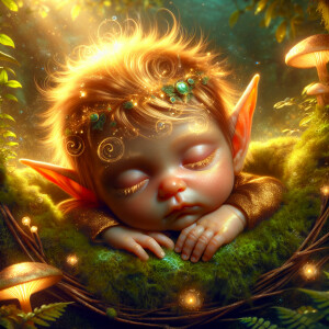 An elven baby with dark brown skin, blue eyes, and blonde hair.