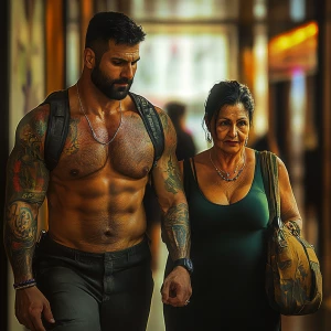 HD,Photorealism,A sweaty tattoed muscular  man walking with his...