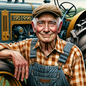 caricature of a 95 year old American grandpa, checkered shirt, c...