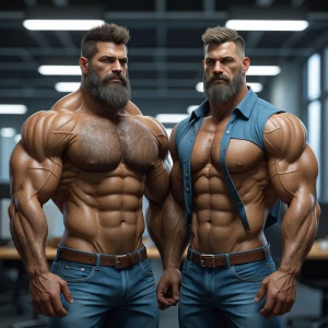 bodybuilder men stand side by side. Both have thick, full beards...