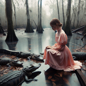 a young child in close proximity to three alligators in a swampy...