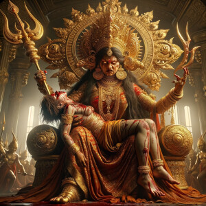 portrait of angry looking goddess durga, sitting on a gold crown and carrying a weak mahishasur on her lap and stabbing him with her amazingly designed trident. She is wearing gold armor, a huge gold crown, red saree, abundant gold jewelry, covered in blood. The scene is set in ancient India. The image is 8K resolution, cinematic, ultra detailed face and epic.