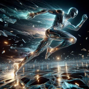 A high-speed photography capture of a humanoid figure mid-leap,...
