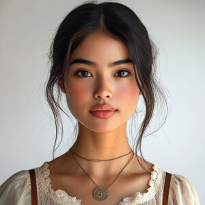 A portrait of a charming 20-year-old Filipina woman with a clear...