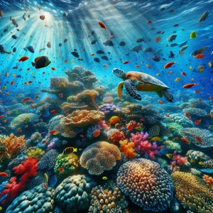 A sea turtle gliding past a colorful coral reef, surrounded by s...