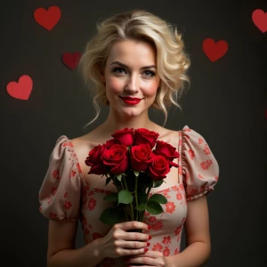 A photo of stylish old money young woman with roses and hearts