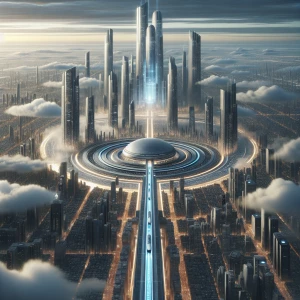 An advanced city center with tiered skyscrapers reaching into th...