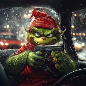 Grinch with a gun in his hands as a bandit. Use carton style. Dr...