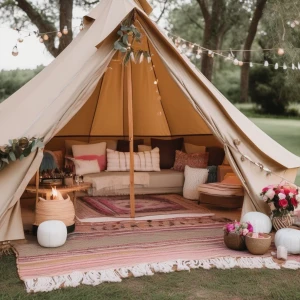 Organize a girls' glamping birthday event featuring a spacious bell tent adorned with a beach theme and festive birthday embellishments. Arrange the setting on a picturesque farm, complete with a cozy lounge area and a fire pit for evening relaxation.