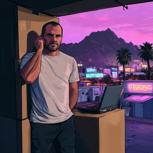 Create a digital painting of a middle-aged man with a stern expr...