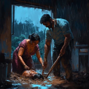 realism art style.A sweaty beefy muscular man burying dead body...