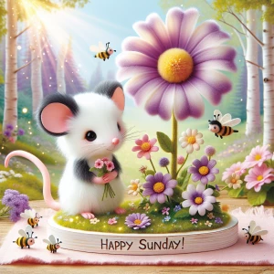 Create a cute white and black fuzzy mouse, with a bouquet of flo...