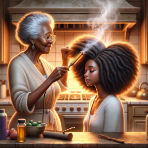 Create a realistic 3-D image of an african-American grandmother in the kitchen with her african-American granddaughter. The grandmother has a hot comb in her hair and she is straightening her granddaughters hair. One side of her granddaughters hair is in  a Afro the other is bone straight 
There is smoke coming from the hot comb