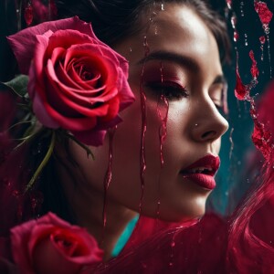 A young woman shedding tears that transform into a rose as they...