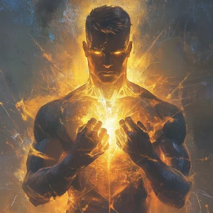 a stoic figure with glowing crystalline hands, clenched fists, u...