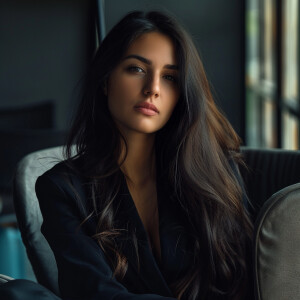 Fair-skinned woman with dark long hair, elegant and composed, si...