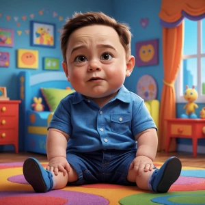 baby Elon Musk in children room, use pixar and satirical art sty...