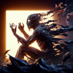 Creature shedding picking away shadowy scabs of  skin emerging v...