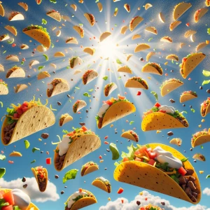Tacos tumbling and raining down from the sky.