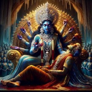 portrait of intense looking goddess kali, blue skinned, sitting on a gold crown and carrying a weak mahishasur on her lap and stabbing him with her amazing long red finger nails. She is wearing diamond armor, a huge diamond crown, red saree, abundant diamond jewelry, covered in blood. The scene is set in ancient India. The image is 8K resolution, cinematic, ultra detailed face and epic.