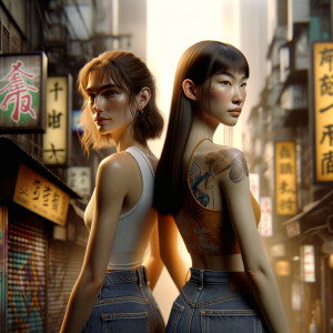 Athletic Thin skinny Attractive, Asian teenage girl, long brown hair and bangs, wearing tight skinny jeans and a halter top paint marks on her clothing, heroic pose Asian graffiti background, backside view