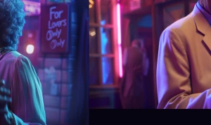 beautiful Jamaican elderly couple dancing romantically in a neon...