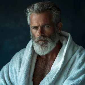 Silver man beard hairy chest white bathrobe