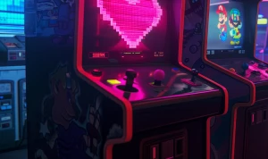 /imagine prompt: cinematic scene inside a neon-lit 1980s arcade,...