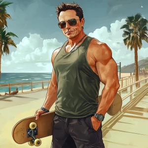 Elon Musk..elon on the boardwalk holding skateboard, sunglasses,...