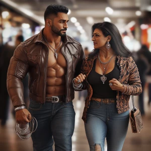 Photo,fantasy,a bodybuilder man ,walking with his 50 years old a...